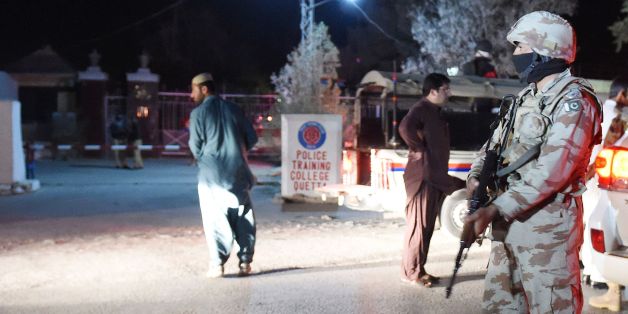 A Pakistani army soldier stands guard outside the Balochistan Police Training College in Quetta on October 24, 2016, after militants attacked the police academy.Pakistani troops backed by helicopters have launched a major operation against militants who stormed a police academy in the country's restive southwest late today, rescuing hundreds of trapped cadets and killing two attackers, officials said. The attack on the Balochistan Police College, located 20 kilometres east of Quetta city centre,