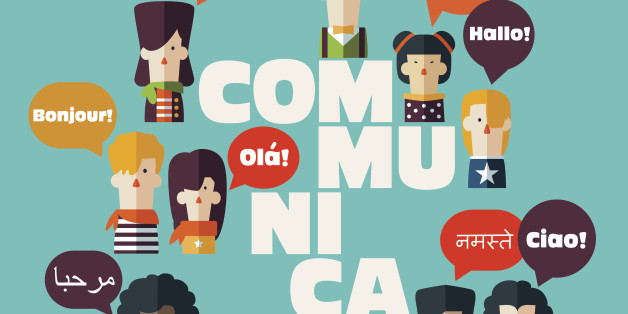 Male and female people icons with colorful dialog speech bubbles in different languages and the word 'communication'. Communication, chat, assistance, interpretation and people connection concept