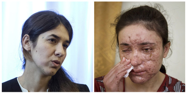 COMBO - this combination of two file photos shows Iraqi Yazidis Nadia Murad Basee, left, and Lamiya Aji Bashar, right, who survived sexual enslavement by the Islamic State before escaping and becoming advocates for their people who have won the EU's Sakharov Prize for human rights on Thursday, Oct. 27, 2016. Guy Verhofstadt, the leader of the Liberal ALDE group, says Nadia Murad Basee and Lamiya Aji Bashar were "inspirational women who have shown incredible bravery and humanity in the face of de