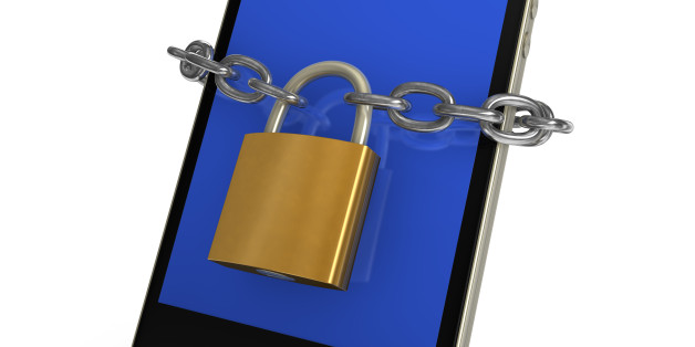 Locked smartphone with chain and padlock, on white background.