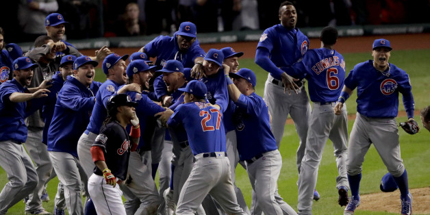 Chicago Cubs celebrate after Game 7 of the Major League Baseball World Series Thursday, Nov. 3, 2016, in Cleveland. The Cubs won 8-7 in 10 innings to win the series 4-3. (AP Photo/Charlie Riedel)