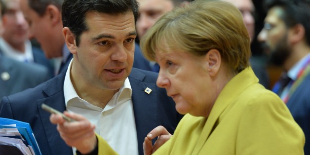 BRUSSELS, BELGIUM - MARCH 18: Greek Prime Minister Alexis Tsipras (L) and German Chancellor Angela Merkel (R) attend the Turkey-EU Heads of State or Government summit as part of the European Union Leaders Summit in Brussels, Belgium on March 18, 2016.
(Photo by Dursun Aydemir/Anadolu Agency/Getty Images)