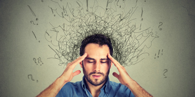 Closeup sad young man with worried stressed face expression and brain melting into lines question marks. Obsessive compulsive, adhd, anxiety disorders