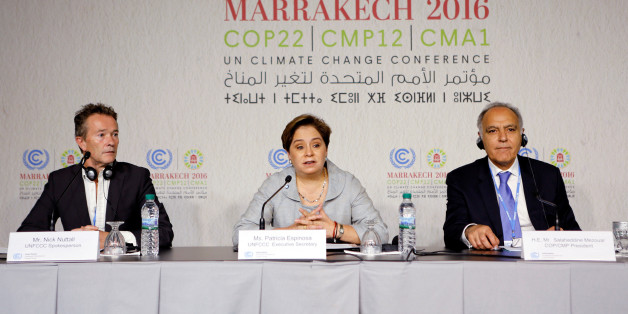 (L-R) UNFCCC Spokesperson Nick Nuttall, Executive Secretary of the UN Framework Convention on Climate Change Patricia Espinosa and Moroccan Foreign Minister and COP22 President Salaheddine Mezouar attend the World Climate Change Conference 2016 (COP22) in Marrakech, Morocco, November 6, 2016. REUTERS/Youssef Boudlal