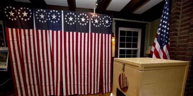 A ballot box is set Monday Nov. 7, 2016, for residents in Dixville Notch, N.H., to vote at midnight. (AP Photo/Jim Cole)