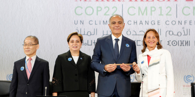 (L-R) IPCC Chair Dr. Hoesung Lee, Executive Secretary of the UN Framework Convention on Climate Change Patricia Espinosa, Moroccan Foreign Minister and COP22 President Salaheddine Mezouar and French Minister for Environment Segolene Royal launch the opening of the UN Climate Change Conference 2016 (COP22) in Marrakech, Morocco, November 7, 2016. REUTERS/Youssef Boudlal