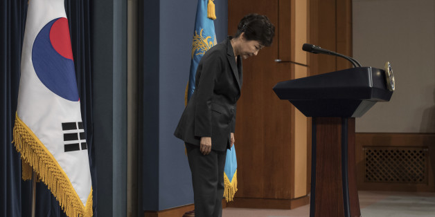 FILE - In this Friday, Nov. 4, 2016 file photo, South Korean President Park Geun-hye bows before addressing the nation over a "heartbreaking" scandal at the presidential Blue House in Seoul. South Korean prosecutors are likely to question Park over suspicion that she let a shadowy longtime confidante manipulate power from behind the scenes, state-run Yonhap news agency reported Sunday, Nov. 13. (Ed Jones/Pool Photo via AP, File)