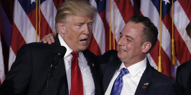 U.S. President-elect Donald Trump and Chairman of the Republican National Committee Reince Priebus (R) address supporters during his election night rally in Manhattan, New York, U.S. on November 9, 2016. REUTERS/Mike Segar/File Photo