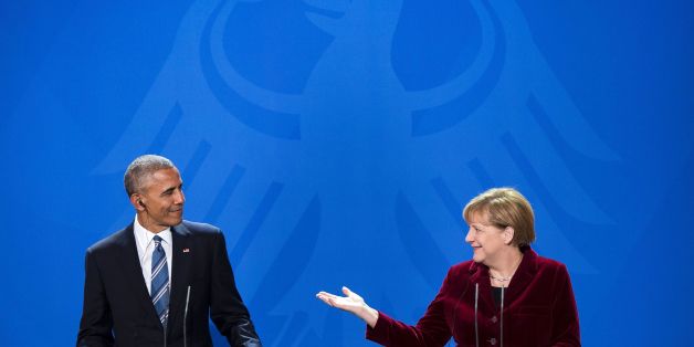 US President Barack Obama and German Chancellor Angela Merkel addresses a press conference after their meeting at the chancellery in Berlin on November 17, 2016.
US President Barack Obama pays a farewell visit to German Chancellor Angela Merkel, seen by some as the new standard bearer of liberal democracy since the election of Donald Trump. / AFP / Brendan Smialowski (Photo credit should read BRENDAN SMIALOWSKI/AFP/Getty Images)
