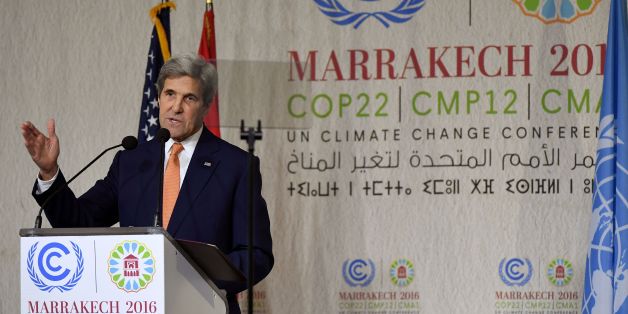 US Secretary of State John Kerry gives his speech at the COP22 climate change conference on November 16, 2016, in Marrakesh.Kerry who has just returned from Antarctica is travelling to Morocco and will also attend the APEC summit in Peru. / AFP / POOL / Mark RALSTON (Photo credit should read MARK RALSTON/AFP/Getty Images)