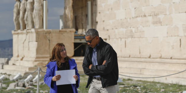 US President Barack Obama tours Acropolis with Dr. Eleni Banou, left, Director, Ephorate of Antiquities for Athens, Ministry of Culture, Wednesday, Nov. 16, 2016 in Athens. (AP Photo/Pablo Martinez Monsivais)