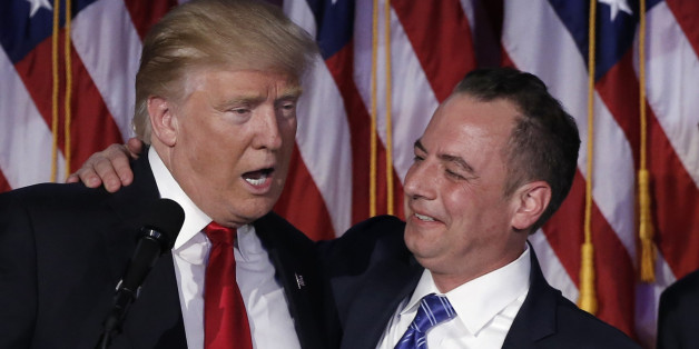 U.S. President-elect Donald Trump and Chairman of the Republican National Committee Reince Priebus address supporters during his election night rally in Manhattan, New York, U.S., November 9, 2016. REUTERS/Mike Segar