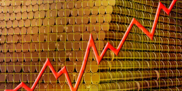 Conceptual image of a business chart with oil cans in background representing rising oil prices.