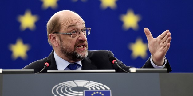 European Parliament President Martin Schulz, of the Social Democrats listens to party chairman Sigmar Gabriel during a statement about yesterday's state elections at the northern German state of Mecklenburg-Western Pomerania, at the party's headquarters in Berlin, Monday, Sept. 5, 2016. The center-left Social Democrats, who led the outgoing state government in a coalition with the conservatives, remained the strongest party with 30.6 percent support. (AP Photo/Markus Schreiber)