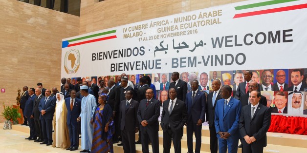 MALABO, EQUATORIAL GUINEA - NOVEMBER 23: Leaders pose for a family photo before the opening session of the 4th Arab-African Summit in Malabo, Equatorial Guinea on November 23, 2016. (Photo by Pool / Egyptian Presidency/Anadolu Agency/Getty Images)