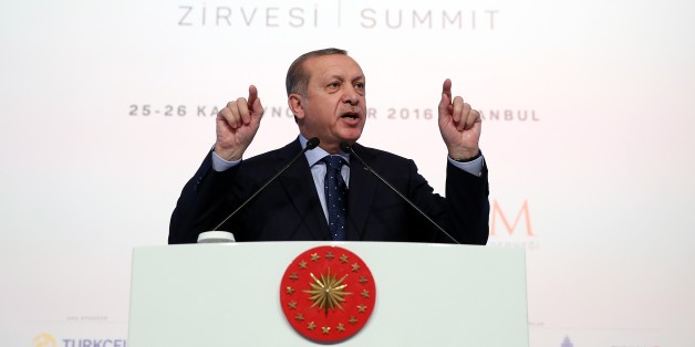ISTANBUL, TURKEY - NOVEMBER 25: President of Turkey, Recep Tayyip Erdogan gives a speech during 2nd International Women and Justice Summit, organized by KADEM (Turkish acronym for 'Women and Democracy Association') at WOW Convention Center in Istanbul, Turkey on November 25, 2016. (Photo by Turkish Presidency / Murat Cetinmuhurdar/Anadolu Agency/Getty Images)