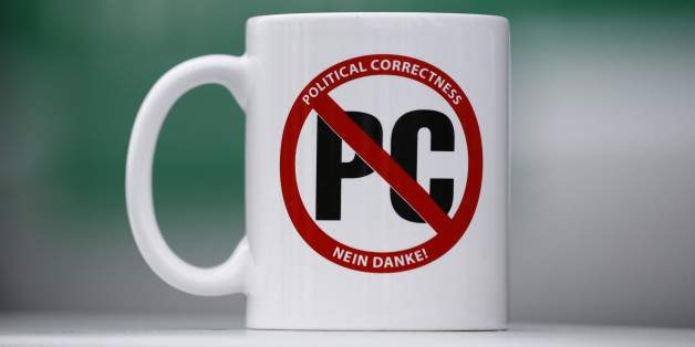 A mug with text 'Political correctness - No thank you!' is pictured at the congress of the anti-immigration party Alternative for Germany (AfD) in Stuttgart, Germany, April 30, 2016. REUTERS/Wolfgang Rattay