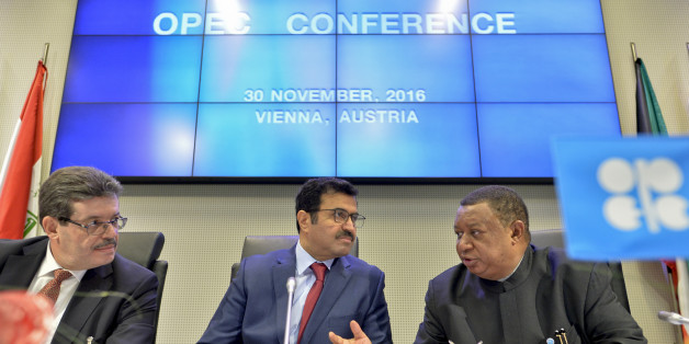 OPEC Secretary General Nigerian Mohammed Barkindo (R), the Chairman of the OPEC Board of Governors Algerian Mohamed Hamel (L) and the President of the Organisation of Petroleum Exporting Countries (OPEC) Mohammed bin Saleh al-Sada (C) attend a meeting of the Organization of the Petroleum Exporting Countries, OPEC, at the OPEC headquarters in Vienna, Austria on November 30, 2016.OPEC sought to defy expectations and finalise a deal reducing its oil output for the first time in eight years, in an e