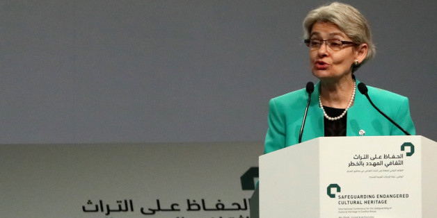 Director-General of the UN Educational, Scientific and Cultural Organization (UNESCO), Irina Bokova speaks during the opening ceremony of a conference gathering officials and experts from around the world gather to discuss forming a global alliance to protect endangered heritage sites on December 2, 2016 in Abu Dhabi. / AFP / KARIM SAHIB (Photo credit should read KARIM SAHIB/AFP/Getty Images)