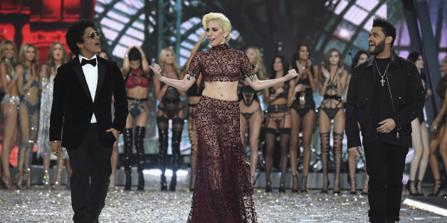 PARIS, FRANCE - NOVEMBER 30: Bruno Mars, Lady Gaga and Weeknd walk the runway at the Victoria's Secret Fashion Show on November 30, 2016 in Paris, France. (Photo by Pascal Le Segretain/Getty Images for Victoria's Secret)