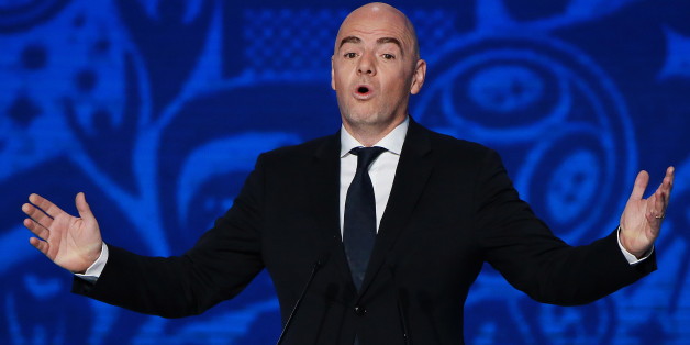 KAZAN, RUSSIA - NOVEMBER 26, 2016: FIFA President Gianni Infantino speaks at the FIFA Confederations Cup Russia 2017 draw. Sergei Fadeichev/TASS (Photo by Sergei Fadeichev\TASS via Getty Images)