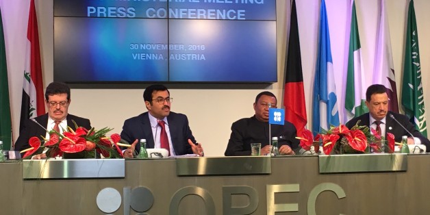 VIENNA, AUSTRIA - NOVEMBER 30: Qatar's Minister of Energy and the OPEC Conference President, Mohammed Bin Saleh Al-Sada (2nd L) and Secretary General of OPEC, Mohammad Sanusi Barkindo (2nd R) attend a press conference following the 171st Organization of Petroleum Exporting Countries (OPEC) meeting in Vienna, Austria on November 30, 2016. (Photo by Askin Kiyagan/Anadolu Agency/Getty Images)