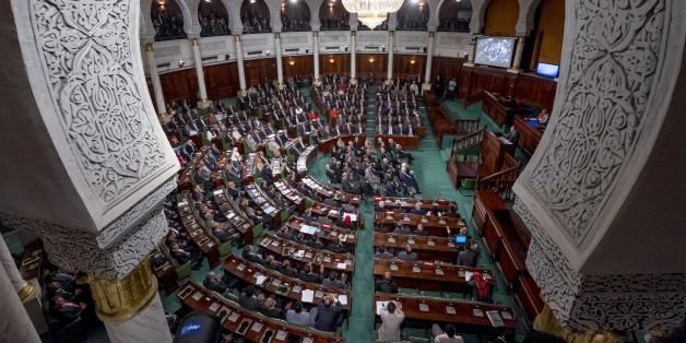 In December 2nd, 2014: the 1st meeting of 217 members of the Assembly of the people representatives ( ARP) elected on October 26th, a ballot taken away by the party Nidaa Toun��s ( 86 elected representatives) in front of the Islamists of Ennahda ( 69 members of parliament ), members of the majority party until then. This first meeting is chaired by the historic activist Ali Ben Salem, as dean of members of parliament of this new assembly (Photo by Nicolas Fauqu��/Corbis via Getty Images)