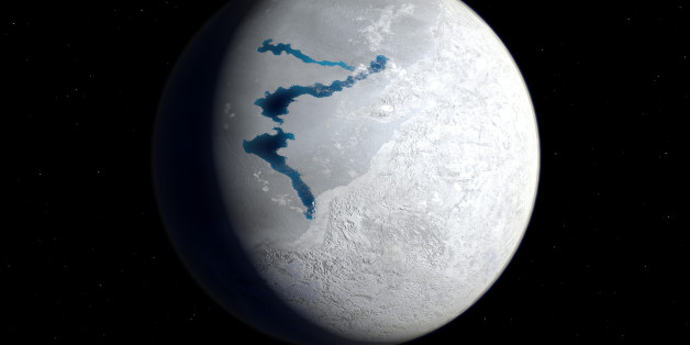 This is how the Earth may have appeared about 650 million years ago during a period when snow and ice may have covered most, if not all, of the Earth's surface and oceans. This image suggests the Earth's appearance during the Marinoan glaciation from 650 to 630 million years ago. The southern and eastern hemispheres are dominated by glacier-covered land masses while the opposing hemisphere is frozen ocean save for a few areas of exposed liquid water, AKA refugia for the Earth's surviving soft-bodied multicellular organisms. In addition to the Marinoan glaciation there may have been at least two, and possibly three previous Proterozoic glacial periods going back to two billion years ago. The causes of these snowball periods are unknown but may have been due to massive volcanic eruptions, massive meteoritic impacts (both resulting in global sun-reflecting ash clouds), or variance's in the Earth's orbit.