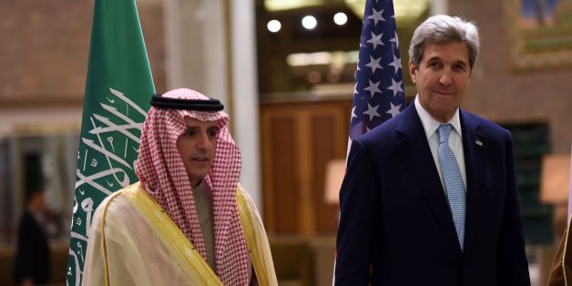 US Secretary of State John Kerry (R) talks to Saudi Minister of Foreign Affairs Adel al-Jubeir as they arrive for a family picture during a meeting of the Quartet on the situation in Yemen, on December 18, 2016 in Riyadh. / AFP / FAYEZ NURELDINE (Photo credit should read FAYEZ NURELDINE/AFP/Getty Images)
