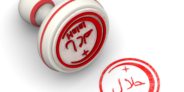 Red seal and imprint 'HALAL' on white surface