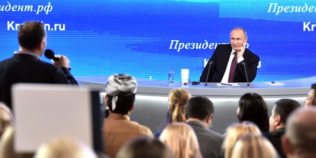 MOSCOW, RUSSIA - DECEMBER 23: Russia's President Vladimir Putin is seen during his annual end-of-year news conference at Moscow's World Trade Centre in Moscow, Russia, on December 23, 2016. (Photo by Russian Presidential Press and Information Office/Anadolu Agency/Getty Images)
