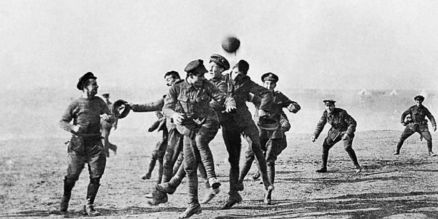 Photograph of soldiers playing football in No-Man's Land during the Christmas Truce. Dated 1914. (Photo by Universal History Archive/UIG via Getty Images)