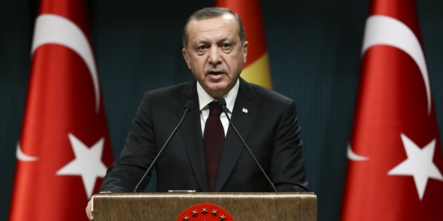 ANKARA, TURKEY - DECEMBER 27: Turkish President Recep Tayyip Erdogan and Guinean President, Alpha Conde (not seen) hold a press conference after their meeting at the Presidential Complex in Ankara, Turkey on December 27, 2016. (Photo by Murat Kula/Anadolu Agency/Getty Images)