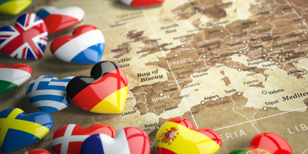 Map of Europe and hearts with flags of european countries. Travel EU concept. 3d