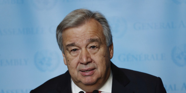 United Nations Secretary-General-designate Mr. Antonio Guterres of Portugal speaks to members of the media after being sworn in at UN headquarters in New York, U.S., December 12, 2016. REUTERS/Lucas Jackson