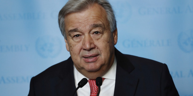 United Nations Secretary-General-designate Mr. Antonio Guterres of Portugal speaks to members of the media after being sworn in at UN headquarters in New York, U.S., December 12, 2016. REUTERS/Lucas Jackson