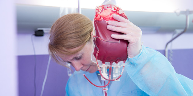 Reportage in the Endocrinology service of Lariboisière hospital in Paris, France. A pouch of blood ready for transfusion. (Photo by: BSIP/UIG via Getty Images)