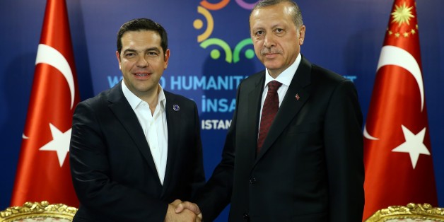 ISTANBUL, TURKEY - MAY 23: Turkish President Recep Tayyip Erdogan (R) and Greek President Alexis Tsipras (L) hold a bilateral meeting, organized within World Humanitarian Summit in Istanbul, Turkey on May 23, 2016. (Photo by Kayhan Ozer/Anadolu Agency/Getty Images)