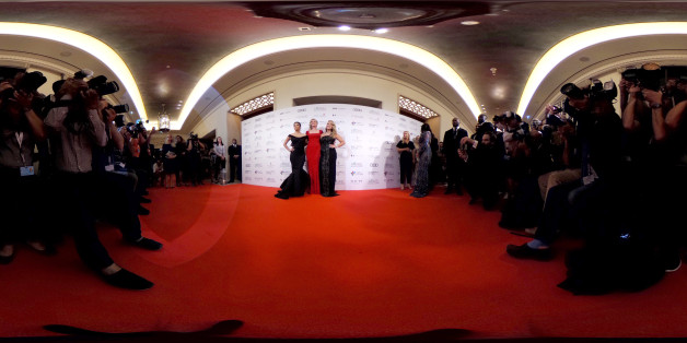 DUBAI, UNITED ARAB EMIRATES - DECEMBER 12: (EDITOR'S NOTE: Image was created as an Equirectangular Panorama. Import image into a panoramic player to create an interactive 360 degree view.) Eva Longoria, Melanie Griffith and Anastacia pose for photographers at the Global Gift Gala during day six of the 13th annual Dubai International Film Festival on December 12, 2016 in Dubai, United Arab Emirates. (Photo by Ming Yeung/Getty Images)