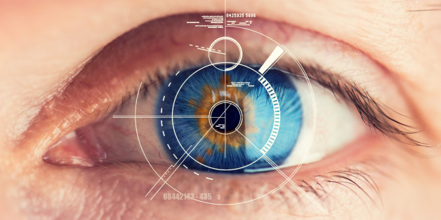 Stunning blue eye with an abstract Security Retina Scanner attached â great detail in the eye!