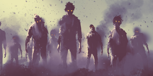 zombie crowd walking at night,halloween concept,illustration painting