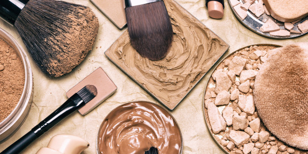 Makeup products to even skin tone and complexion on aged paper. Corrector, loose and compact powders, concealer pencil, liquid foundation with brushes and cosmetic sponges. Retro style processing