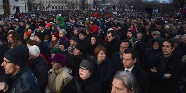VIENNA, AUSTRIA - JANUARY 11: Thousands people stage a protest against gun attack on French satirical Magazine 'Charlie Hebdo' in Paris, on January 11, 2015, in Vienna, Austria. (Photo by Hasan Tosun/Anadolu Agency/Getty Images)