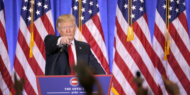 NEW YORK, Jan. 11, 2017 -- U.S. President-elect Donald Trump gestures during a news conference in New York, the United States, on Jan. 11, 2017. U.S. President-elect Donald Trump met the press Wednesday for the first news conference since the election. (Xinhua/Gary Hershorn via Getty Images)