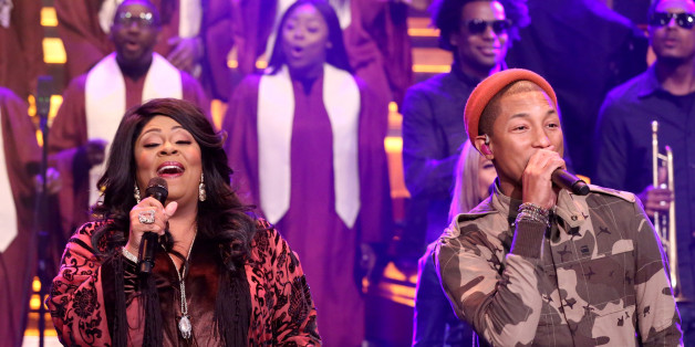 THE TONIGHT SHOW STARRING JIMMY FALLON -- Episode 0587 -- Pictured: (l-r) Musical guests Pharrell Williams and Kim Burrell perform on December 08, 2016 -- (Photo by: Andrew Lipovsky/NBC/NBCU Photo Bank via Getty Images)