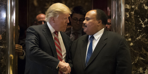 NEW YORK, NY - JANUARY 16: President-elect Donald Trump shakes hands with Martin Luther King III after their meeting at Trump Tower, January 16, 2017 in New York City. Trump will be inaugurated as the next U.S. President this coming Friday. (Photo by Drew Angerer/Getty Images)