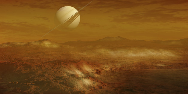 Saturn is seen here in the background from the enigmatic moon Titan, which is the second largest moon in the solar system, with a diameter of about 5 150 km. It has a highly thick, orange atmosphere that covers the entire surface. There are many different kinds of carbohydrates in the atmosphere, but nitrogen is the dominant substance. Here you see a lake of ethane, and some freshly fallen ice on the surface. In actuality the atmosphere is so thick you would not be able to see Saturn this clearly.