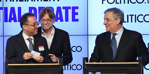 European Parliament candidates (L-R) Gianni Pittella, Guy Verhofstad and Antonio Tajani take part in a debate ahead of the upcoming elections to become the new head of the European Parliament, in Brussels, on January 11, 2017.
Elections to elect a new European Parliament president are set to take place in Strarbourg on January 17, 2017 to replace outgoing president Martin Schullz. / AFP / EMMANUEL DUNAND (Photo credit should read EMMANUEL DUNAND/AFP/Getty Images)