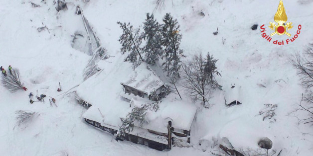 An aerial view shows Hotel Rigopiano in Farindola, central Italy, hit by an avalanche, in this January 19, 2017 handout picture provided by Italy's firefighters. Vigili del Fuoco/Handout via REUTERS ATTENTION EDITORS - THIS IMAGE WAS PROVIDED BY A THIRD PARTY. EDITORIAL USE ONLY. TPX IMAGES OF THE DAY