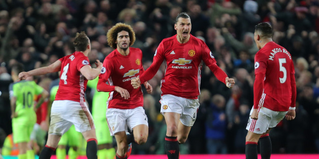MANCHESTER, ENGLAND - JANUARY 15: Zlatan Ibrahimovic of Manchester United celebrates scoring his team's first goal to make the score 1-1 during the Premier League match between Manchester United and Liverpool at Old Trafford on January 15, 2017 in Manchester, England. (Photo by James Baylis - AMA/Getty Images)